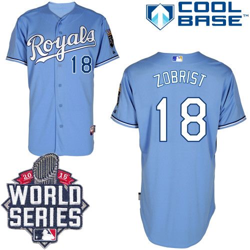 Royals #18 Ben Zobrist Light Blue Alternate 1 Cool Base W/2015 World Series Patch Stitched MLB Jersey - Click Image to Close